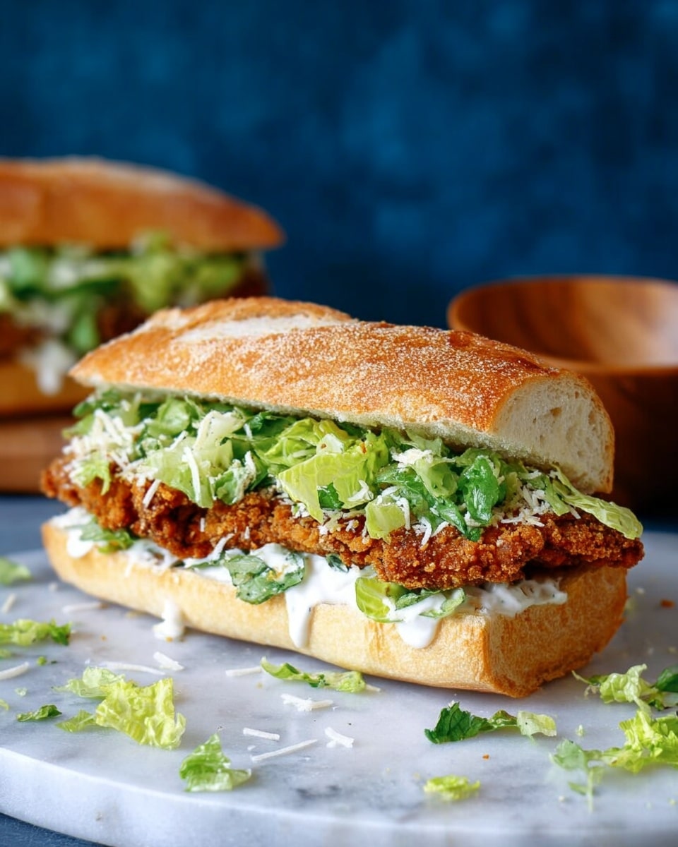 A sandwich is shown with three main layers inside a crusty baguette that is golden brown and textured. The bottom layer is a light, soft bread base, topped by a thick, crispy, deep golden brown fried patty with irregular crunchy texture. Above it is a layer of fresh, bright green leafy lettuce covered in a creamy white sauce with some shredded cheese sprinkled on top. The sandwich sits on a white marbled surface, lightly scattered with small bits of lettuce and cheese. In the background, there is a blurred second sandwich and a wooden bowl, all against a deep blue backdrop. Photo taken with an iphone --ar 4:5 --v 7