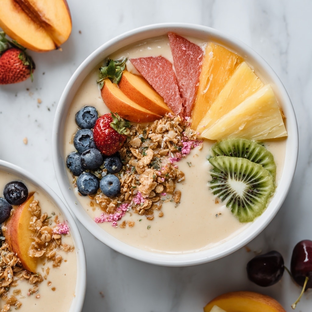 A white bowl filled with a creamy beige base topped with five types of fruit and granola. Starting from the left, there are bright orange apricot slices, followed by pinkish red grapefruit chunks in the middle bottom, green kiwi slices on the bottom right, dark frozen cherries with stems placed on the top right and bottom right edges, and small fresh blueberries scattered along the edges. In the center, there is a sprinkle of light brown granola and chopped nuts. Around the bowl, there is half a papaya with black seeds on the left, half a passion fruit with bright yellow seeds near the top left, a small white plate holding peach slices and grapefruit wedges near the top, and a slice of green kiwi and a glass jar of granola with a golden spoon at the bottom. Everything is set on a white marbled surface, and a white and grey cloth is near the top right. photo taken with an iphone --ar 4:5 --v 7