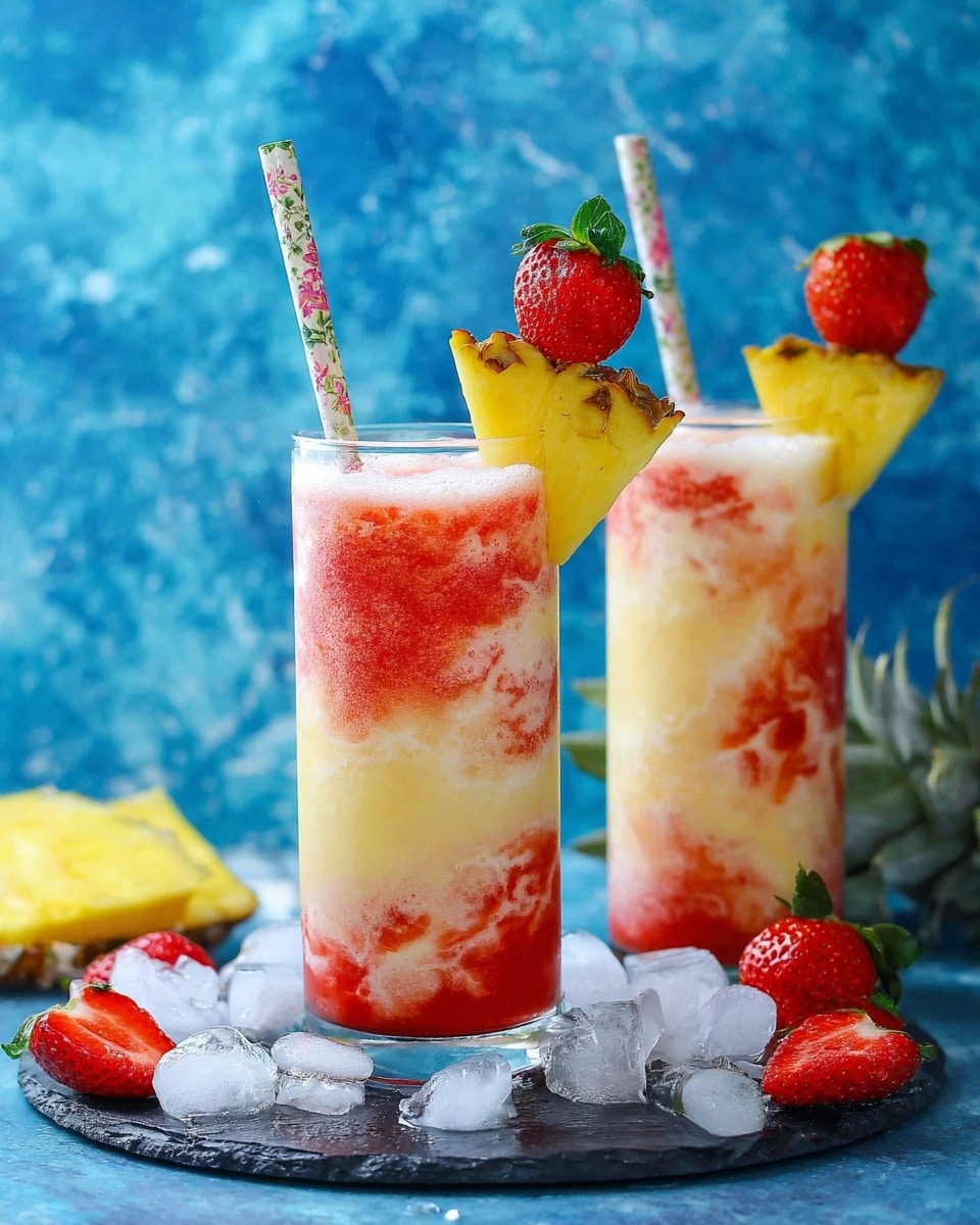 A tall clear glass filled with a swirled drink showing two main layers: a creamy light beige base mixed with bright reddish-pink streaks creating a marbled effect throughout. A colorful floral-patterned straw sticks out from the top. On the rim of the glass sits a fresh red strawberry with tiny seeds and green leaves, next to a small triangular slice of yellow pineapple topped with grilled brown grill marks. The glass is placed on a white marbled surface with blurred blue and dark tones in the background, accompanied by some strawberries and pineapple pieces. Photo taken with an iphone --ar 4:5 --v 7