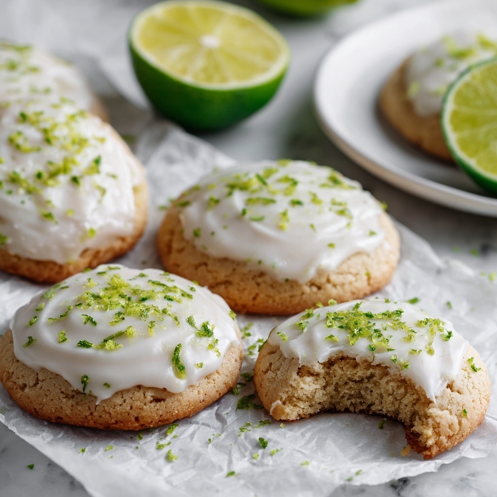 This image shows a group of round cookies with a light golden color and slightly cracked texture. Each cookie is topped with a thick, smooth white icing that covers the center, and sprinkled with small bright green lime zest pieces. Five cookies are arranged on a wooden board covered with white parchment paper, while others are spread directly on a white marbled surface. A halved lime, a whole lime, a metal grater with lime zest, and two clear glasses of milk are also placed around the cookies, adding context to the scene. photo taken with an iphone --ar 4:5 --v 7