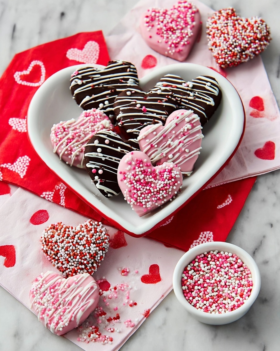 The image shows a close-up of several chocolate-covered treats with a smooth, dark brown outer layer. Each treat is decorated with thin, white icing lines drizzled across the top, and sprinkled with small round candy beads in red, pink, and white colors. One treat in the shape of a heart sits in the center, elevated and in focus, while others around it are mostly square or rounded with similar decoration. One piece has a bite taken out, revealing a dense, dark chocolate filling inside. Bright pink treats with white drizzle and candy sprinkles are visible beneath the chocolate ones. The treats rest on a surface with a white marbled texture, adding a soft contrast. photo taken with an iphone --ar 4:5 --v 7