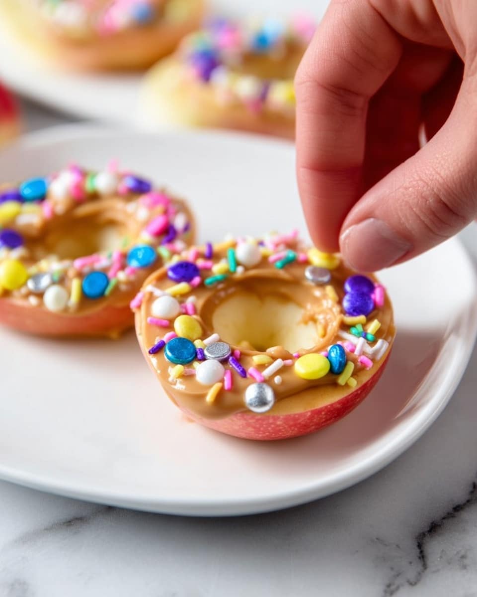 A white plate on a white marbled surface holds round apple slices with their centers cored out to form rings. Each apple ring is spread with a smooth, light brown layer of peanut butter, topped with colorful sprinkles including small cylinders, round balls, and flat discs in bright colors like pink, blue, yellow, green, white, and silver. A woman's hand is seen placing more sprinkles on the nearest apple ring. Other apple rings with similar toppings are slightly out of focus in the background. photo taken with an iphone --ar 4:5 --v 7