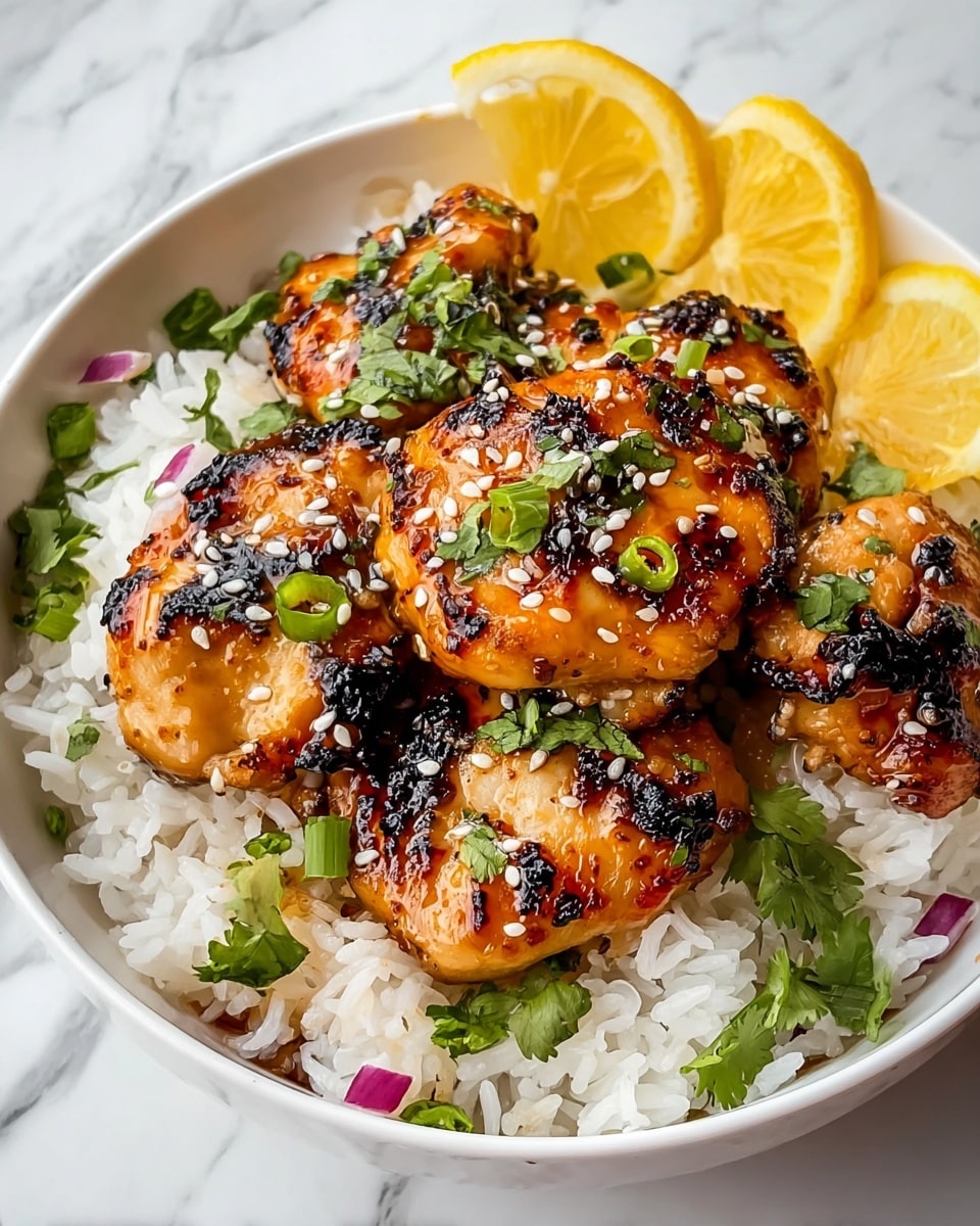 A white bowl filled with a base layer of soft, fluffy white rice, topped with five grilled chicken pieces that show caramelized, golden-brown char marks with some dark grill spots. The chicken is glazed with a shiny, slightly sticky sauce. Scattered over the chicken are small green onion slices, red onion bits, and fresh green cilantro leaves. There are two half lemon slices placed near the chicken, adding a bright yellow contrast. A sprinkle of white sesame seeds is seen over the chicken, enhancing the texture. The bowl sits on a white marbled surface. photo taken with an iphone --ar 4:5 --v 7