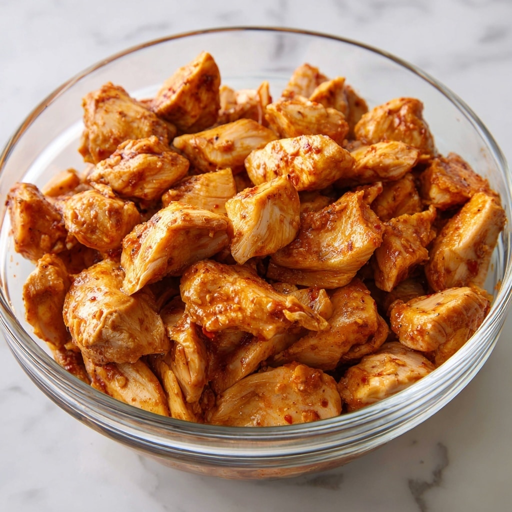 A clear glass bowl filled with many pieces of raw marinated chicken, each piece showing a mix of light brown, tan, and reddish spices coating the meat. The chicken pieces have a slightly shiny texture from the marinade, and the different sizes and shapes of the pieces fill the bowl closely together. The bowl sits on a white marbled surface that has soft grey specks and veins, adding a clean and simple background to the rich colors of the chicken. photo taken with an iphone --ar 4:5 --v 7