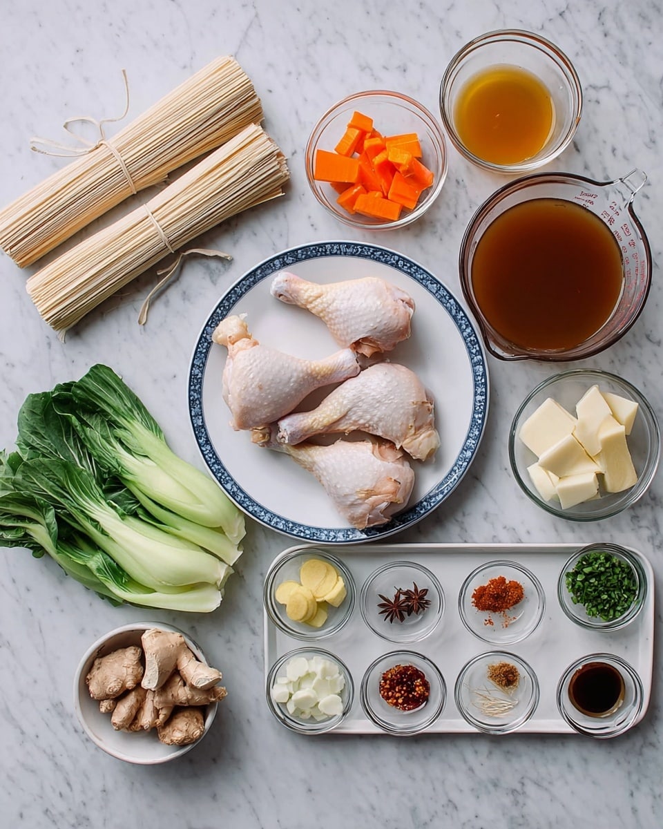 A deep white bowl filled with a clear, golden broth holding thick, curly yellow noodles that fill the base and middle layers. On top, there are several pieces of shredded light brown chicken scattered throughout. Bright orange carrot slices and light green celery chunks are mixed in, adding color and texture. The dish is garnished with chopped dark green scallions and sprinkled generously with small beige sesame seeds. A silver spoon dips into the bowl, holding a mix of broth, chicken, noodles, carrot, and herbs. The bowl sits on a white marbled surface with a textured reddish-brown cloth on the side. Photo taken with an iphone --ar 4:5 --v 7