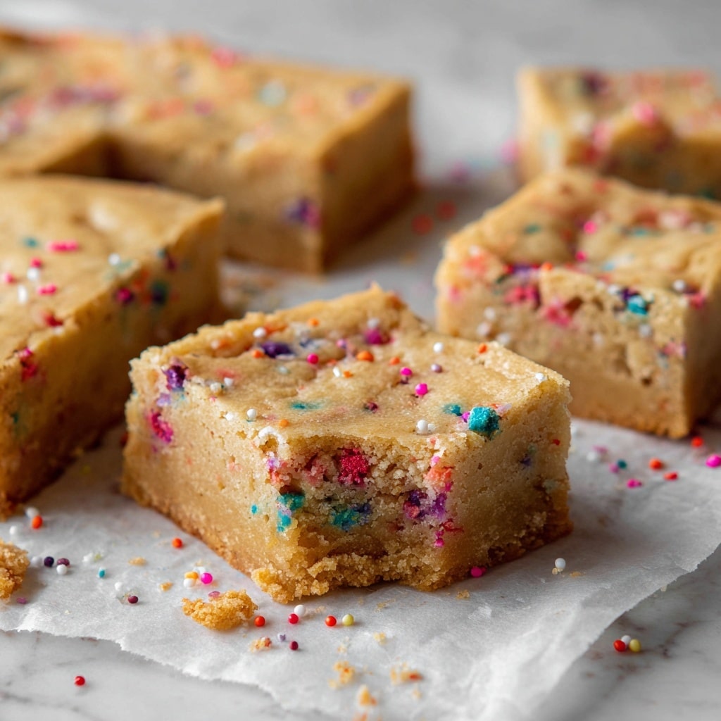 The image shows a batch of baked blondies cut into square pieces on white parchment paper placed on a white marbled surface. The blondies have a light golden brown top layer with a slightly cracked texture and colorful sprinkles embedded throughout, adding small specks of red, blue, pink, purple, and green. The blondies appear thick and soft with a dense crumb. Two blondie squares are separated in the lower part of the image, showing the consistent texture inside. Some stray sprinkles are scattered around the parchment paper. Photo taken with an iphone --ar 4:5 --v 7