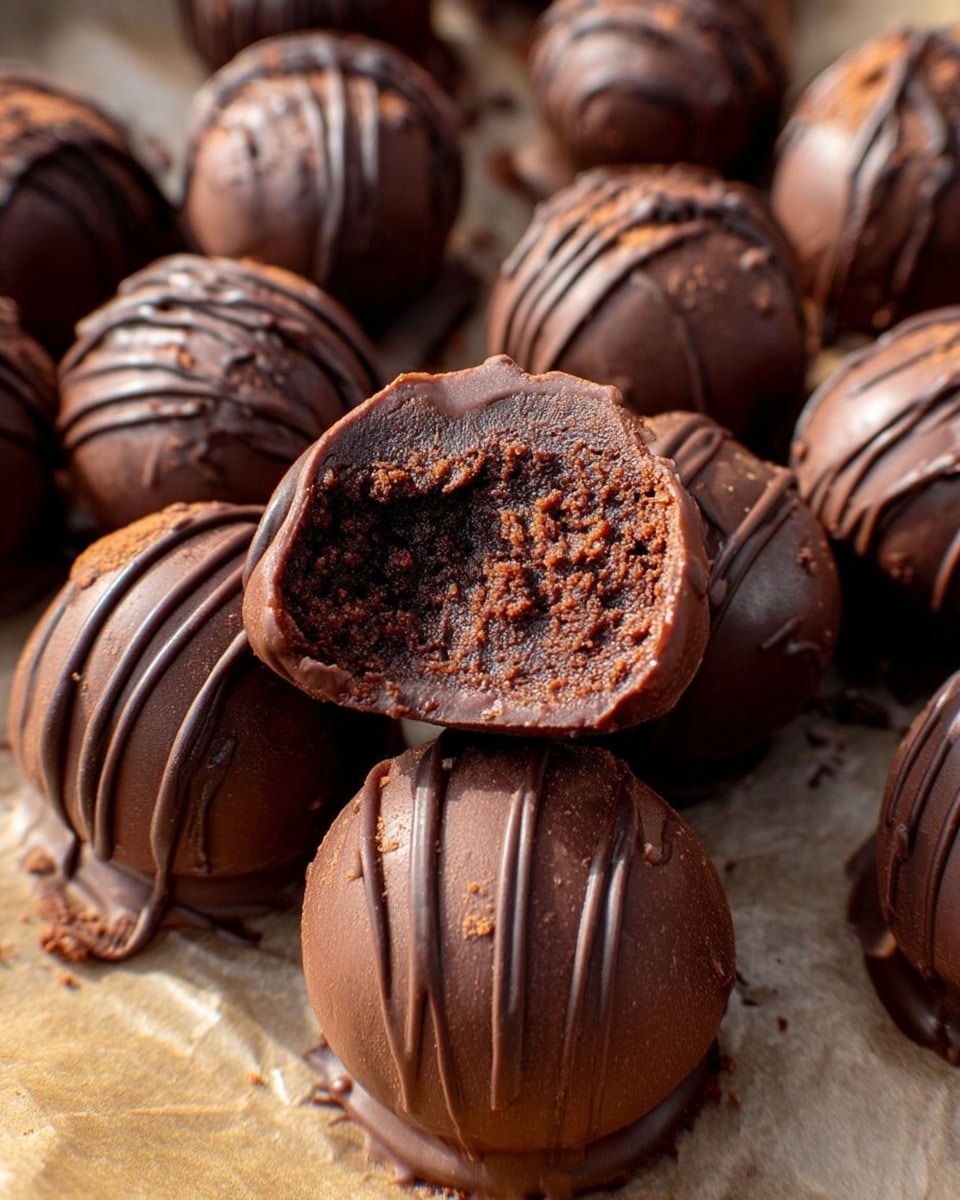 The image shows multiple round chocolate truffles arranged closely on light brown parchment paper. Each truffle is covered in smooth dark chocolate and topped with thin, dark chocolate drizzle patterns crisscrossing over the surface. Small bits of cocoa powder dust the tops, adding texture. The truffles have a shiny, glossy finish with small shadows that show the light source coming from the side. The background is a white marbled texture. Photo taken with an iphone --ar 4:5 --v 7