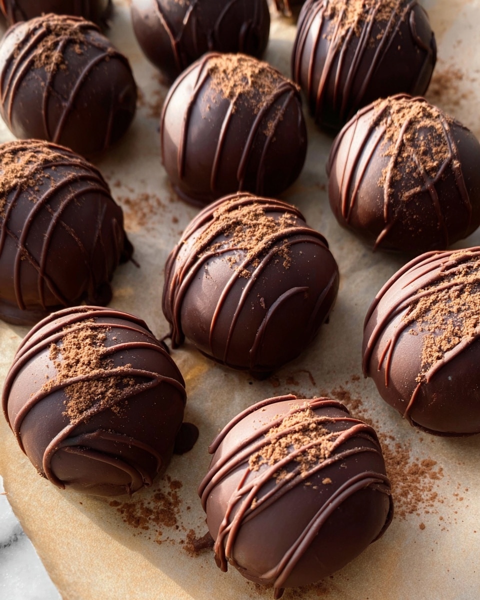 The image shows many round chocolate truffles arranged closely on a light brown parchment paper with a white marbled texture beneath. Each truffle has a smooth dark brown chocolate shell with darker chocolate lines drizzled over the top for decoration. One truffle in the center is bite-sized open, revealing a dense, moist, rich chocolate filling inside, with a chewy texture and a slightly crumbly look around the edges. The lighting highlights the shiny surface of the chocolates and the deep dark brown of the filling clearly. Photo taken with an iphone --ar 4:5 --v 7