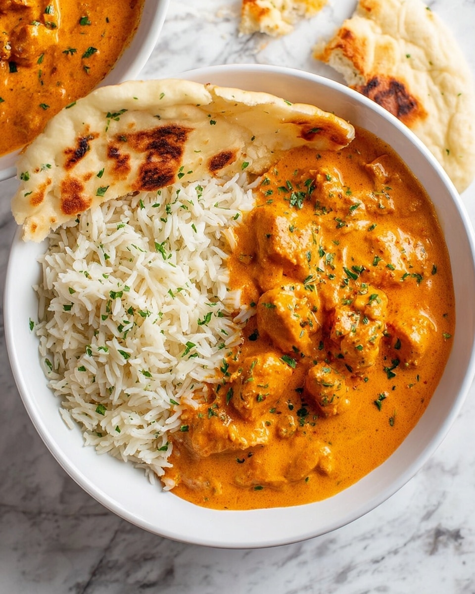 A white bowl filled with two main layers: on the left side is a bed of fluffy long-grain white rice with small green herb bits sprinkled on top, and on the right side is a thick, creamy orange-colored curry with visible chunks of meat or vegetables, garnished with finely chopped green herbs. A piece of lightly toasted flatbread with brown spots leans against the curry side, and some torn bread pieces rest nearby on a white marbled surface. Photo taken with an iphone --ar 4:5 --v 7