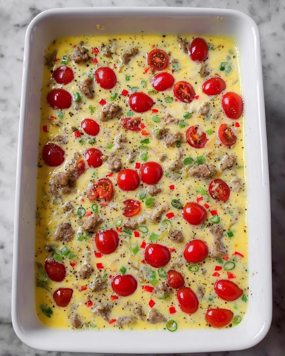 A baked egg dish cut into square pieces inside a white rectangular baking dish, with a golden-yellow base showing a slightly crispy and browned texture on top. Each piece is dotted with bright red cherry tomato halves scattered evenly across the surface, along with small bits of browned sausage mixed throughout the egg layer. The pieces appear fluffy and soft, with the edges showing more browning. A silver spatula lifts one square piece, highlighting its thickness and texture. The dish is placed on a white marbled surface with a blue and white striped cloth nearby. Photo taken with an iphone --ar 4:5 --v 7