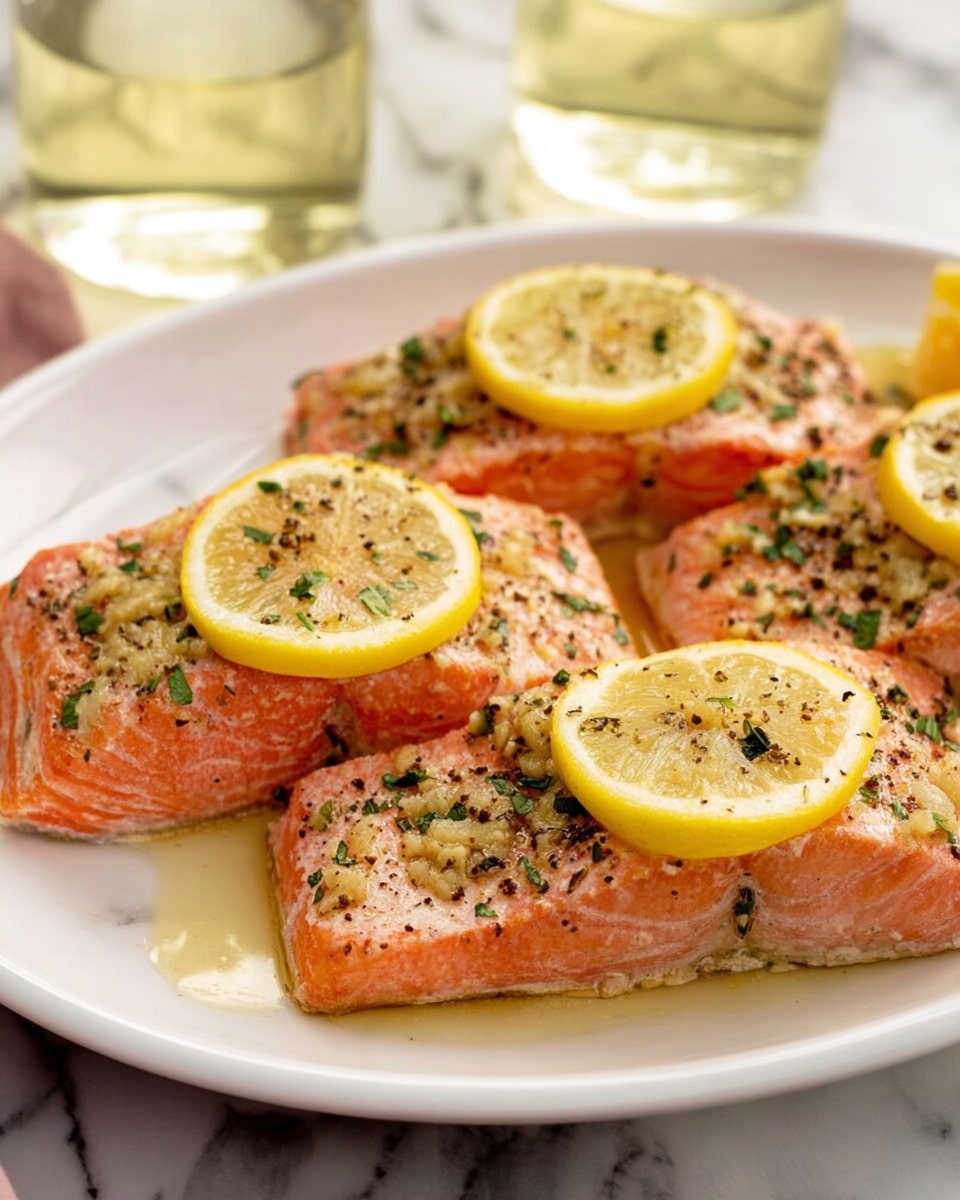 The image shows a white plate filled with four rectangular pieces of cooked salmon, each topped with a thin, round lemon slice. The salmon is pink-orange with a slightly flaky texture and is sprinkled with small green herb bits and a light coating of minced garlic and black pepper. The lemon slices are yellow and slightly translucent, resting on top of the salmon evenly. The plate sits on a white marbled surface, and two glasses filled with a light yellow liquid are partially visible in the blurred background. photo taken with an iphone --ar 4:5 --v 7