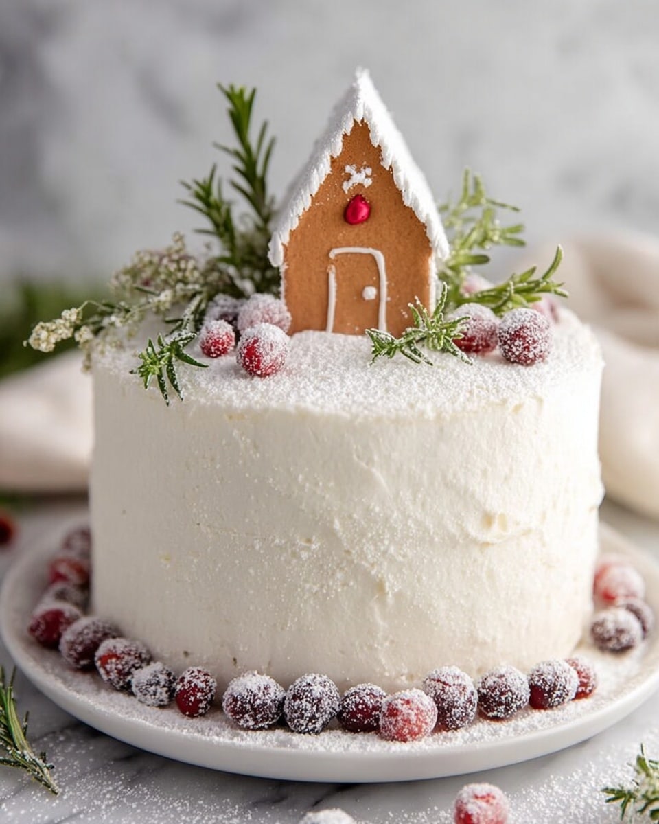 The image shows a slice of three-layer vanilla cake on a white plate, each layer separated by creamy white frosting mixed with bright red and dark purple berries, likely cranberries or similar. The outside of the slice is covered in smooth white frosting, and there are some sugared berries placed around the cake slice on the plate for decoration. A silver fork lies next to the cake on the plate, which sits on a light beige cloth over a white marbled surface. In the background, there is a larger, full cake frosted in white and decorated with a ring of sugared berries around its base, resting on a white plate. Photo taken with an iphone --ar 4:5 --v 7