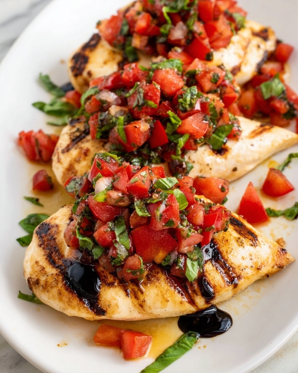 The image shows three grilled chicken breasts on a white plate, each piece light golden with clear char marks. On top of each chicken breast is a fresh topping made of bright red diced tomatoes mixed with finely chopped herbs, mostly green basil. A dark balsamic glaze is drizzled over the tomatoes and chicken, adding shine and contrast to the dish. Some tomato pieces and bits of basil are scattered around the chicken on the plate. The background is a white marbled texture, making the colors of the food pop. photo taken with an iphone --ar 4:5 --v 7