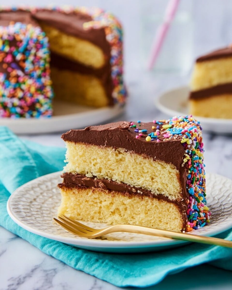 A slice of two-layer yellow cake with a thick middle layer of smooth chocolate frosting sits on a white plate. The outside of the cake is covered with the same chocolate frosting that looks creamy and slightly textured, decorated on the side with small colorful round sprinkles. The cake layers look soft and moist with a light golden color, easily contrasting the rich brown frosting. The plate is on a blue cloth, all set on a white marbled surface with blurred parts of the whole chocolate-frosted cake visible in the background. photo taken with an iphone --ar 4:5 --v 7