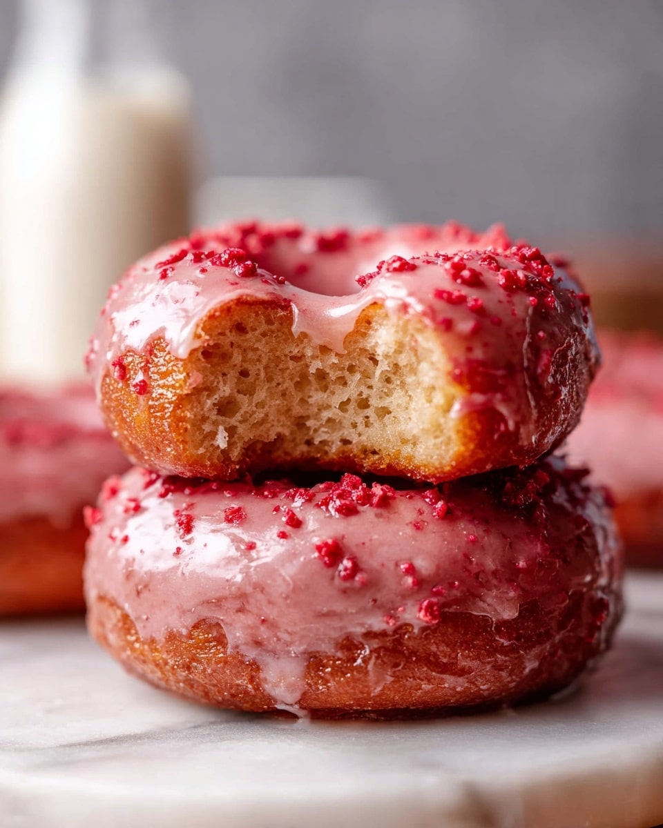 Four round donuts with a light brown, sugar-coated base are placed on crumpled brown parchment paper. Each donut is topped with a shiny pink glaze that drips slightly over the edges, and scattered with small, rough red berry pieces. The donuts rest on a wooden surface with two blurred white containers in the background. Photo taken with an iphone --ar 4:5 --v 7