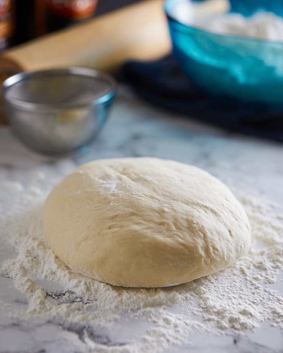 The image shows a smooth, round dough ball resting on a white marbled surface dusted with flour. The dough is pale beige with a slightly wrinkled texture on top, sitting flat in the center of the frame. Around it, scattered flour adds a soft white powdery detail. In the background, there is a blurred shiny metal sifter filled with flour and a partially visible blue glass bowl, creating a baking scene. photo taken with an iphone --ar 4:5 --v 7