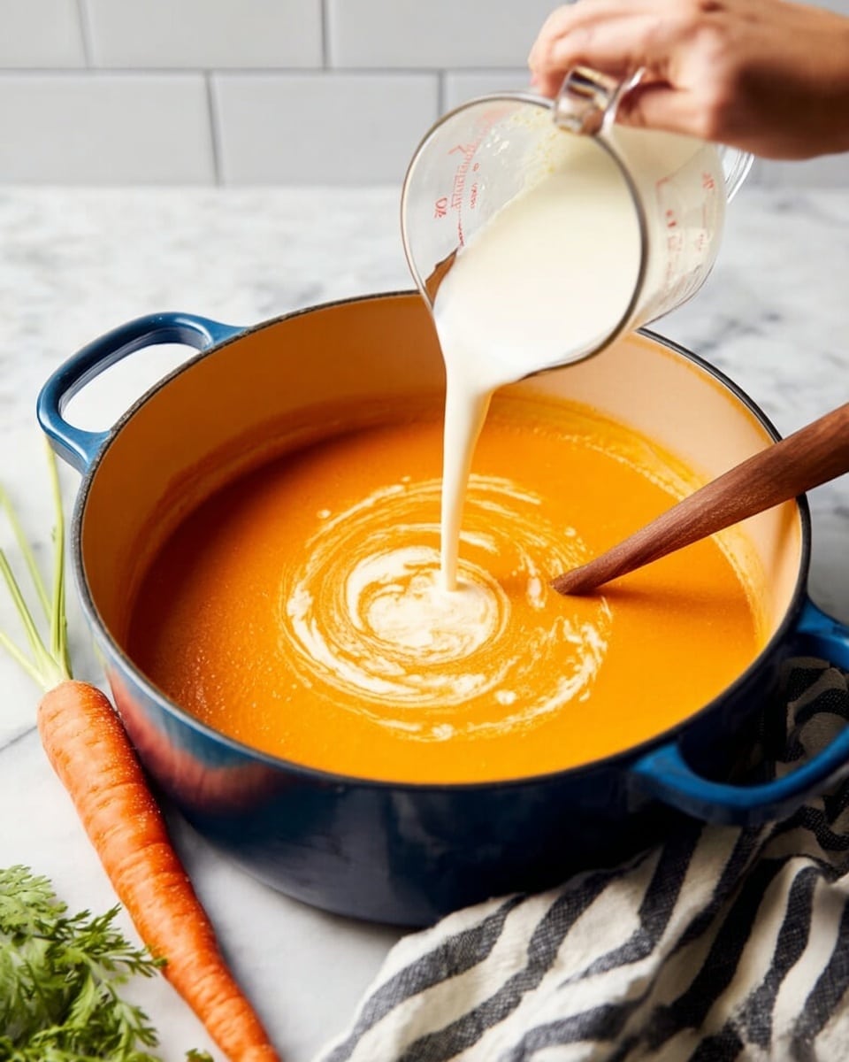 A white bowl filled with smooth, bright orange creamy soup topped with three golden-brown croutons sprinkled with small green herb pieces and black pepper flakes, resting on a wooden board with a silver spoon placed inside the bowl; the background features fresh green carrot tops and orange carrots on a white marbled surface with some loose croutons around the bowl, another blurred white bowl of soup visible in the back, photo taken with an iphone --ar 4:5 --v 7