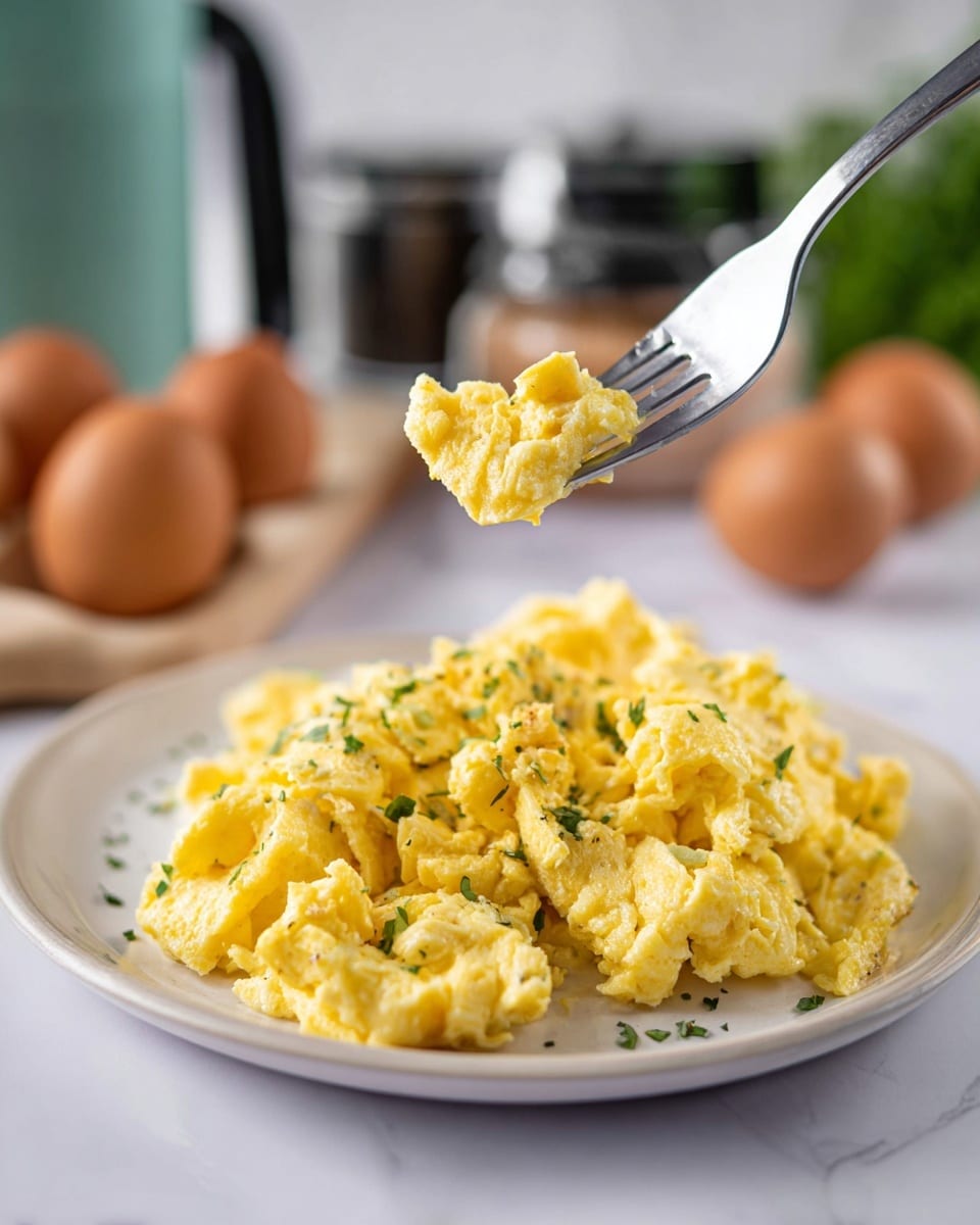 A close-up image of scrambled eggs inside a black slow cooker. The eggs are a mix of soft, fluffy yellow layers with some slightly shiny and moist parts, sprinkled evenly with black pepper and small green herb bits on top. The slow cooker has a smooth, black inner surface, and around it is a white marbled background. Part of a metal whisk and an egg shell are slightly visible on the side. photo taken with an iphone --ar 4:5 --v 7