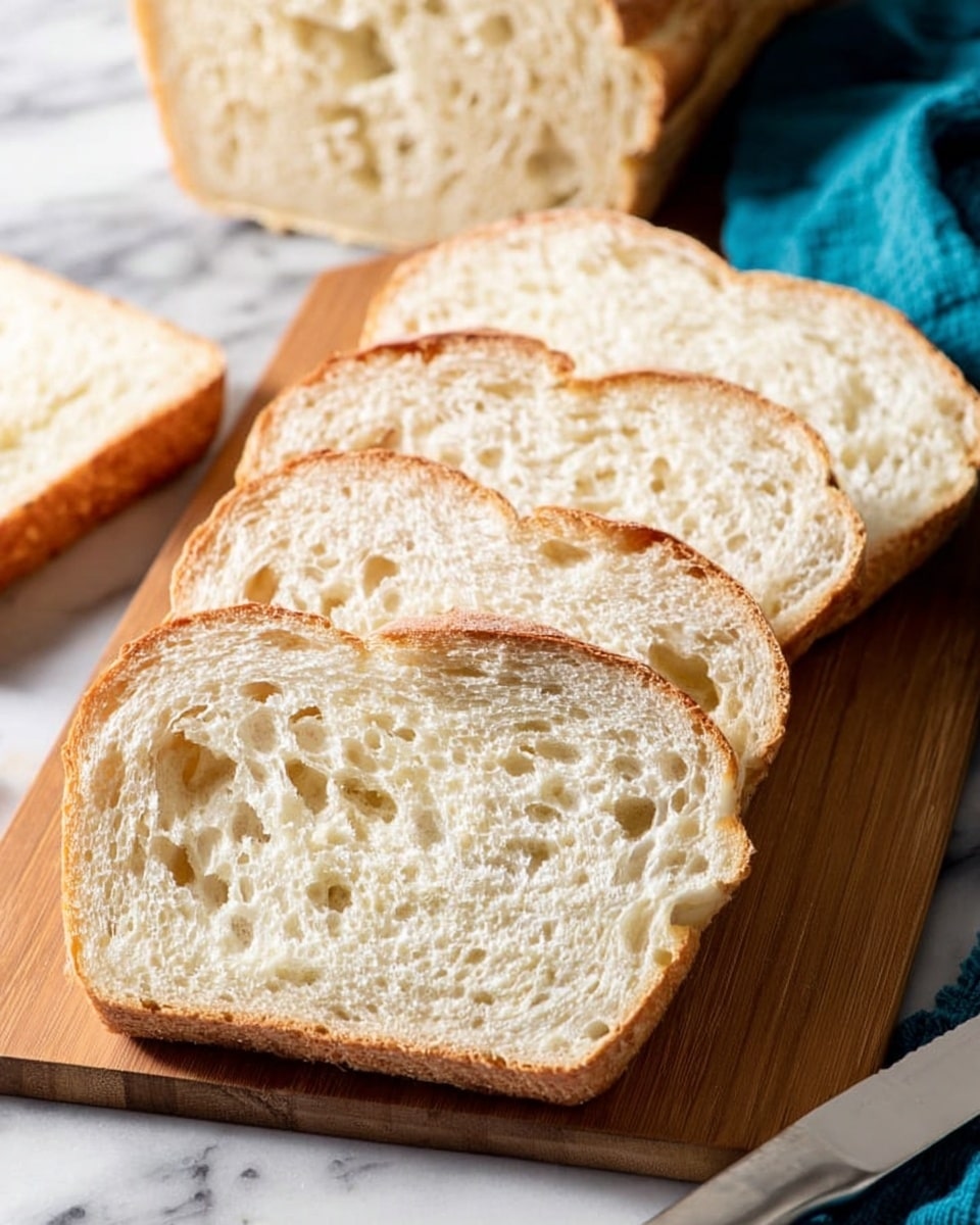 The image shows a loaf of bread with a golden-brown crust sitting on a wooden cutting board. One thick slice is cut from the loaf and laid down close to it, revealing the soft, airy inside with small and medium holes spread evenly in the pale interior. The crust looks slightly crispy and cracked at the top edges. A blue cloth is partially visible underneath the cutting board on a white marbled surface. The background is softly blurred with white tiles, giving a clean and simple look. photo taken with an iphone --ar 4:5 --v 7