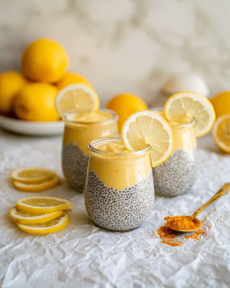 Three glass jars with a creamy light yellow mousse fill the frame vertically, each topped with a fresh lemon wedge resting on the smooth surface of the mousse. The jars are placed on white crinkled paper, surrounded by several lemon slices of bright yellow and white. A silver spoon lies to the left on the paper, smeared with orange powder. The background is a white marbled texture. photo taken with an iphone --ar 4:5 --v 7