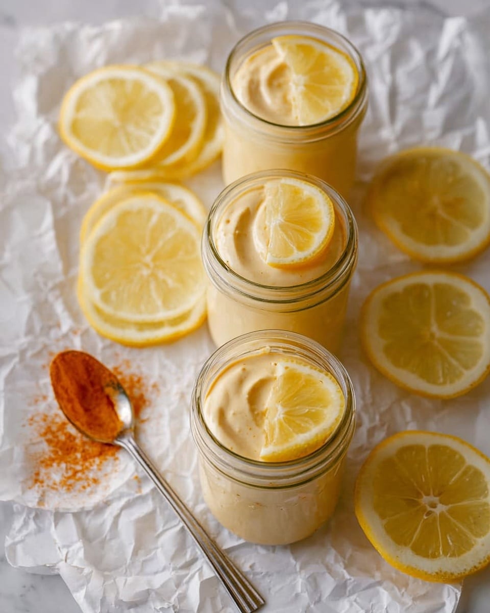 The image shows three glass jars each filled with two layers: a bottom layer of grayish-white chia pudding with small darker seeds spread evenly, and a top layer of smooth, pale yellow cream that almost fills the jar to the rim. Each jar is decorated with a thin lemon slice placed on the cream layer. The jars sit on crumpled white paper scattered with thin lemon slices and a golden spoon with some orange powder near its bowl. In the background, there is a white marble surface with whole lemons and a partially sliced lemon on a white plate. The overall scene is bright with soft natural light. photo taken with an iphone --ar 4:5 --v 7