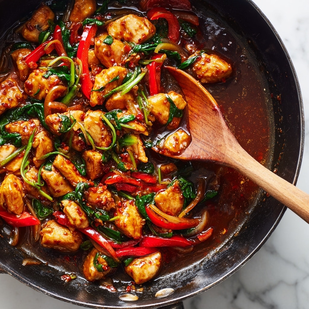 A white bowl filled with a layer of soft white rice at the bottom, topped with golden-brown chicken pieces mixed with bright red bell pepper strips and dark green basil leaves, creating a colorful and fresh look; the chicken has a slightly glossy sauce coating, and the dish is garnished with fresh basil leaves on top. Wooden chopsticks rest on the side of the bowl, all placed on a white marbled surface. Photo taken with an iphone --ar 4:5 --v 7