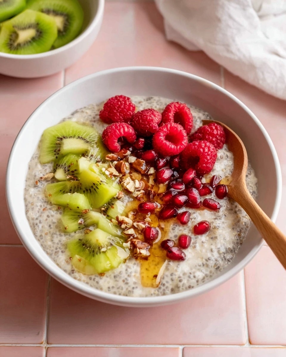 A white bowl filled with creamy chia pudding that has a light beige color with visible black chia seeds throughout. On top, there are three main sections of toppings: bright green chopped kiwi pieces on the upper left side, red raspberries clustered on the lower right, and dark red pomegranate seeds scattered mostly near the center and kiwi. There is also a drizzle of golden honey pooling in the middle. Small brown chopped nuts are sprinkled lightly around the fruits. A light wooden spoon rests on the right edge inside the bowl. The bowl sits on a pink tiled surface with a white marbled texture visible on the edges. In the background, a white bowl containing sliced green kiwi is partially visible to the upper left. photo taken with an iphone --ar 4:5 --v 7