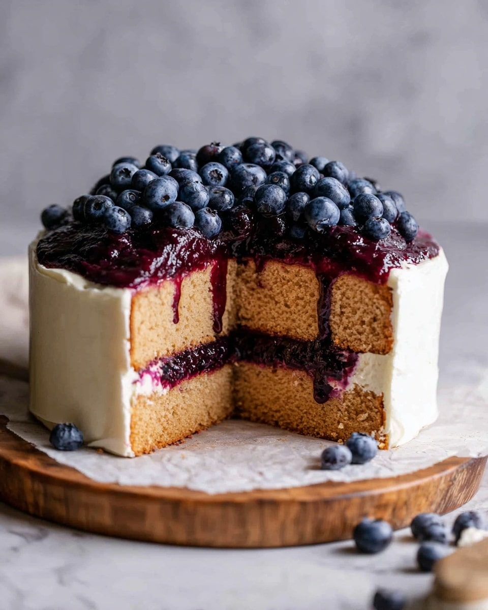 A two-layer cake sits on white parchment paper on a wooden board, with one slice removed. The bottom layer is light brown with a dark purple berry jam spread in the middle. The cake is covered in smooth, creamy white frosting on the sides and edges. On top, there is a thick layer of dark purple berry sauce that gently drips down the sides, with many fresh, plump blueberries piled over the sauce. The background is a soft gray, and the surface beneath the board is a white marbled texture. photo taken with an iphone --ar 4:5 --v 7