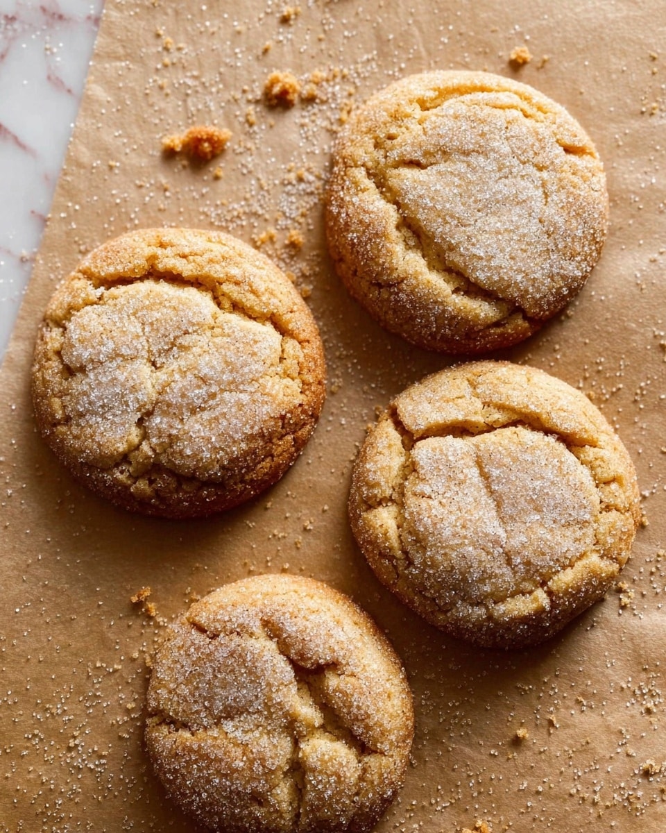A close-up view of six round cookies with a golden-brown color and soft, slightly wrinkled texture, each cookie coated in a fine layer of granulated sugar that sparkles in the light. The cookies have a slightly cracked surface showing their chewy consistency, and they are stacked and spread on a white marbled texture. Photo taken with an iphone --ar 4:5 --v 7