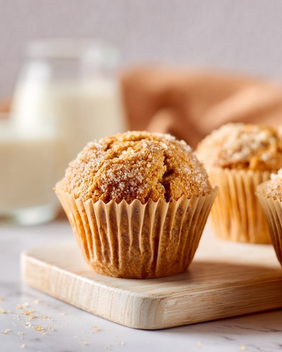 A close-up of a muffin with a cracked golden-brown top sprinkled with sugar crumbs, sitting in a crinkled light brown paper liner on a light wooden board; behind it are parts of two similar muffins also in light brown liners, all placed on a white marbled surface. In the blurry background on the left side, a glass of milk is visible. Photo taken with an iphone --ar 4:5 --v 7