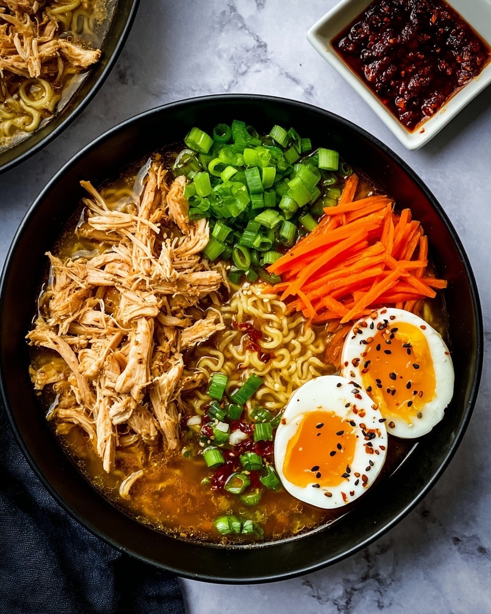 A black bowl filled with ramen noodles in a rich brown broth forms the base layer. On top, there are shredded cooked chicken pieces in a light golden color placed on one side, thin orange carrot strips arranged neatly on another side, and bright green chopped scallions sitting next to two halves of a soft-boiled egg with a slightly runny orange yolk and firm white. The eggs are sprinkled with white and black sesame seeds. In the background, a small black bowl filled with sesame seeds and a white bowl containing more carrot strips and scallions are slightly out of focus, all set on a white marbled surface. photo taken with an iphone --ar 4:5 --v 7