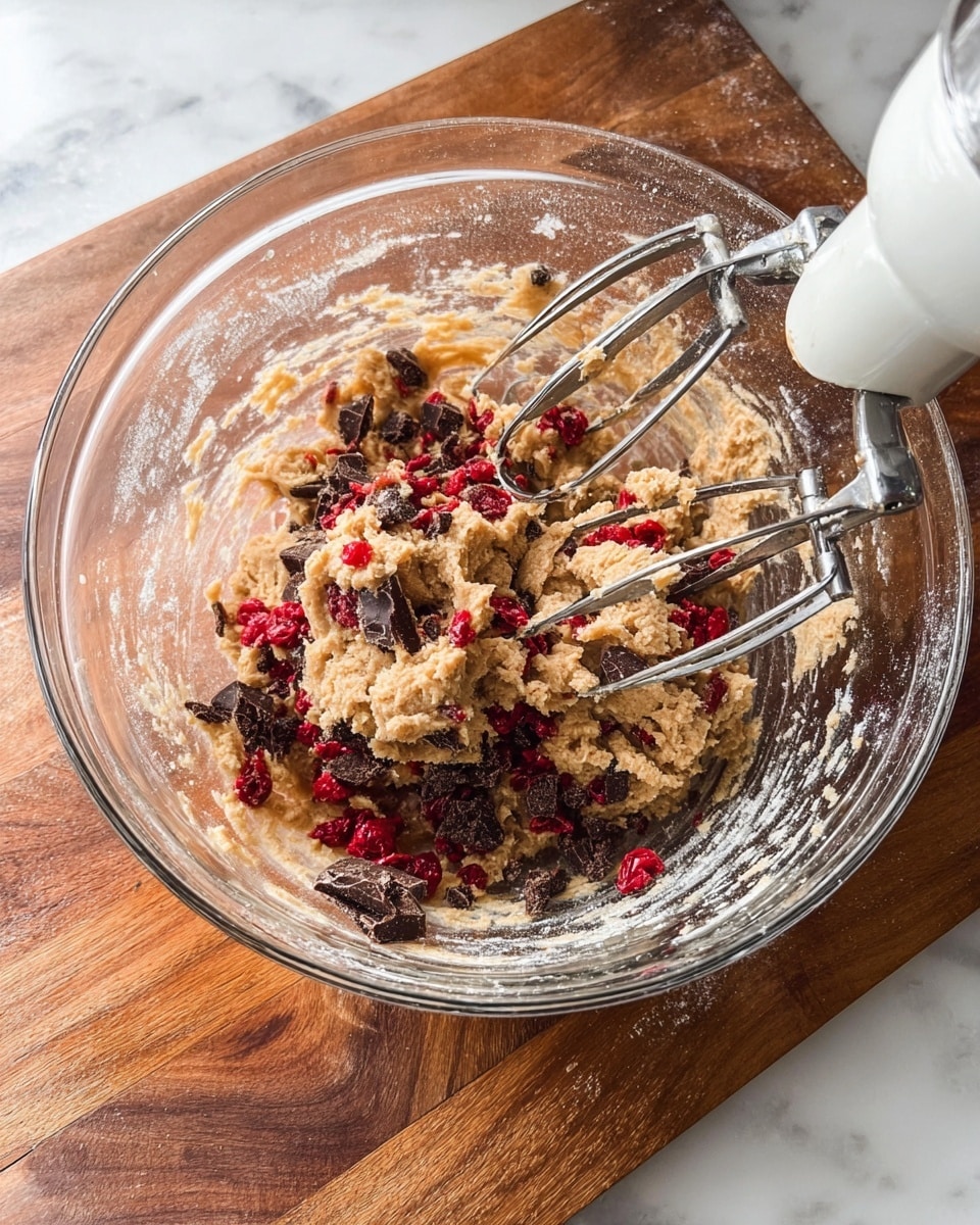 A close-up of several round cookies on a metal cooling rack over a white marbled texture. Each cookie has a light brown base with visible small chocolate chunks and pieces of red strawberry embedded in the dough. Some cookies have a smooth layer of glossy, dark brown melted chocolate spread evenly on top, contrasting with the textured, slightly rough surface of the cookies without chocolate spread. The cookies vary slightly in size and shape but all appear soft and thick with a gently cracked surface. photo taken with an iphone --ar 4:5 --v 7