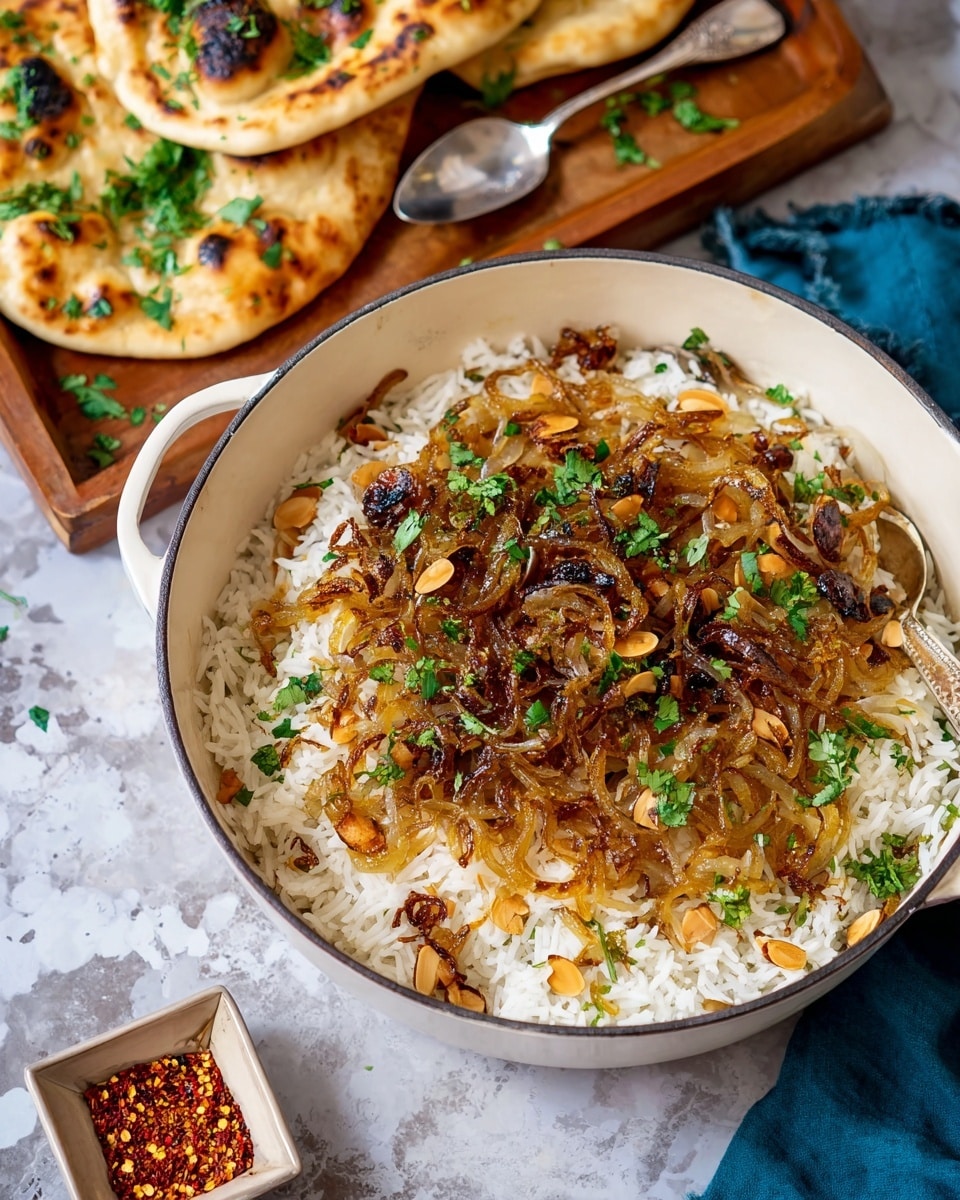 A white shallow bowl contains a colorful layered biryani dish, with a base layer of fluffy yellow and white basmati rice mixed with pieces of browned chicken and caramelized onions scattered unevenly on top. On one side of the bowl, there is a dollop of white yogurt sauce garnished with chopped green herbs and red chili flakes. Beside the biryani in the bowl, two pieces of lightly charred naan bread topped with fresh chopped green herbs are placed leaning on the rice. The bowl is set on a white marbled surface with some herbs sprinkled around, and a golden fork rests inside the bowl. Photo taken with an iphone --ar 4:5 --v 7