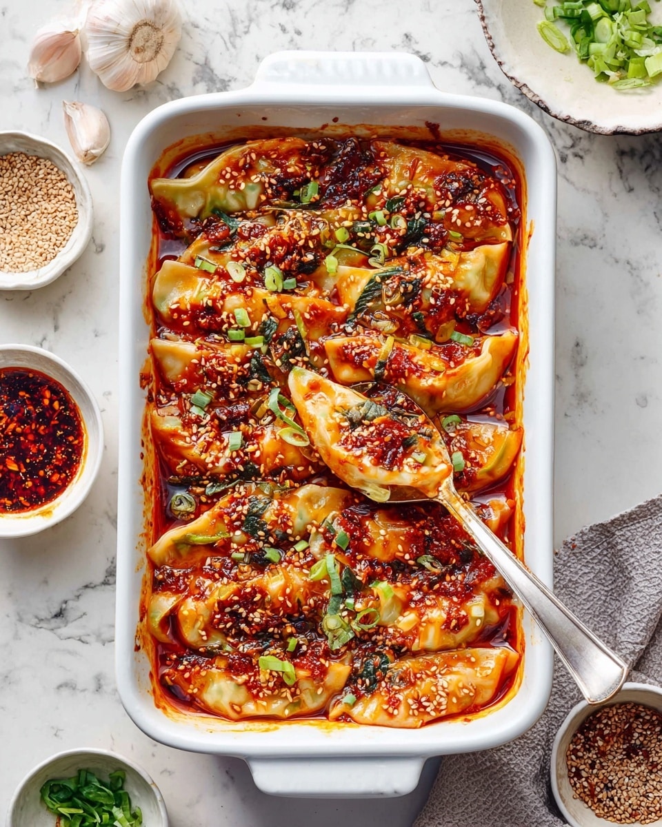 A white rectangular baking dish filled with two layers of dumplings covered in thick red spicy sauce; the dumplings are light golden with slightly crinkled edges, sitting in the sauce that has oil pooling around them. Green chopped scallions and white and black sesame seeds are scattered on top, along with dollops of chunky dark red chili paste. A silver spoon lifts one dumpling showing its soft texture and sauce dripping gently. The dish is placed on a white marbled surface with garlic cloves and small white bowls of chili paste and sesame near it. photo taken with an iphone --ar 4:5 --v 7