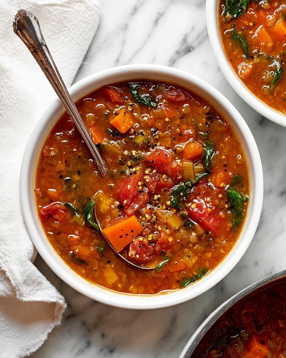 A close-up view of a white pot filled with a rich, chunky lentil soup featuring three main layers: a deep reddish-brown broth base, colorful diced orange carrots and green leafy kale scattered throughout, and plump, cooked lentils mixed evenly in the soup. The pot is set on a white marbled surface. A rustic metal ladle is lifted above the pot, showcasing a generous scoop of the soup with visible pieces of carrots, kale, lentils, and tomato chunks all immersed in the broth. photo taken with an iphone --ar 4:5 --v 7