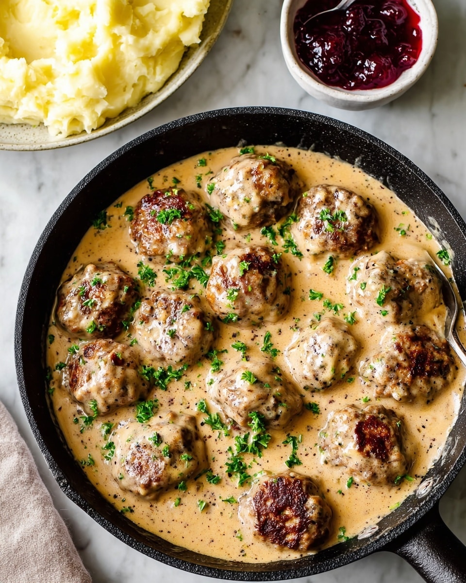 A black skillet filled with about fifteen browned meatballs covered in a thick, creamy beige sauce, sprinkled with small pieces of fresh green parsley. The meatballs are textured with a crispy surface and partially submerged in the sauce, which has visible black pepper specks. In the top left corner, a white plate holds fluffy pale yellow mashed potatoes, while a small white bowl with a dark red jam or sauce sits nearby. The whole scene is on a white marbled textured surface. photo taken with an iphone --ar 4:5 --v 7