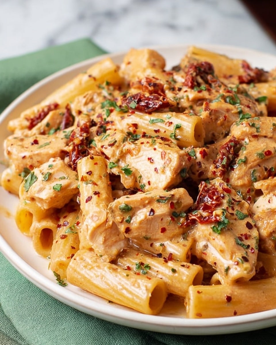 The dish is served on a white plate filled with short tubular pasta coated in a creamy, light orange sauce. Mixed throughout are pieces of lightly browned chicken and sun-dried tomatoes, which add deep red and slightly wrinkled textures. The dish is sprinkled with finely chopped green herbs and red pepper flakes, giving it a speckled, colorful look. The plate rests on a green cloth and the background is a white marbled texture. photo taken with an iphone --ar 4:5 --v 7