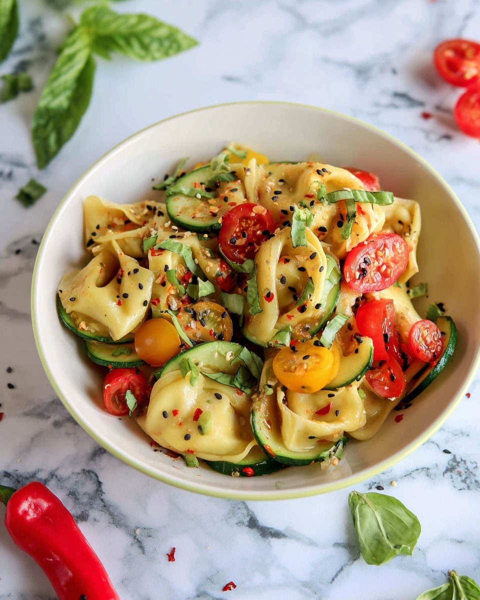 The image shows a white bowl filled with a fresh pasta salad, featuring about three layers of folded, light yellow tortellini pasta mixed with vibrant green cucumber slices and bright red and yellow cherry tomato halves. Scattered on top are thin green onion slices and black sesame seeds, adding texture and contrast to the glossy pasta. Fresh basil leaves and small red chili pepper slices also add green and red pops among the ingredients. The bowl sits on a white marbled surface with a few scattered basil leaves and a red chili pepper nearby. Photo taken with an iphone --ar 4:5 --v 7