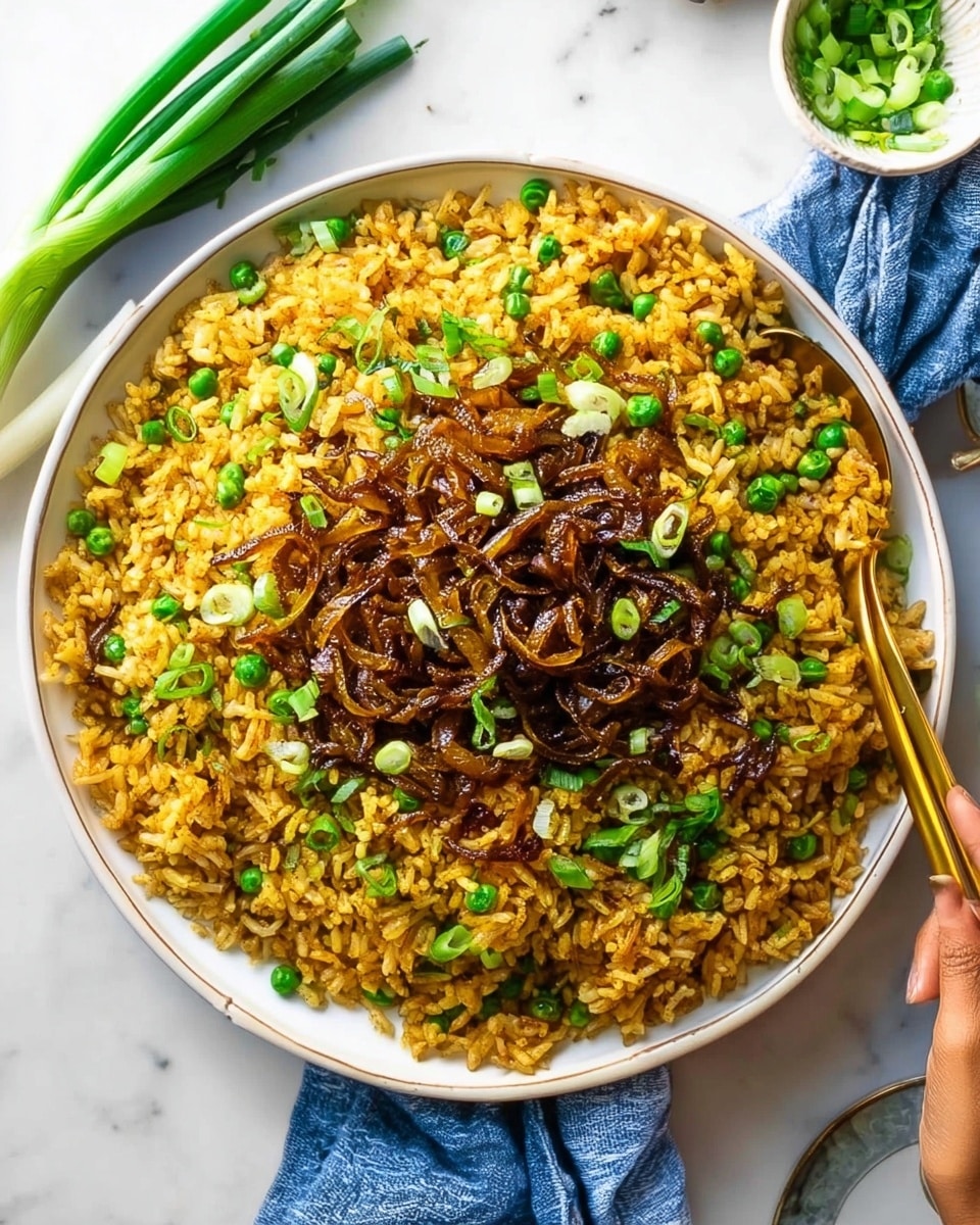 A large white round plate holds a bed of yellowish-brown cooked rice mixed evenly with green peas. On top of the rice, there is a central layer of dark brown caramelized onions with a shiny texture, surrounded by chopped green onions scattered over the dish, adding bright green and white accents. To the right of the plate, a woman's hand holds golden chopsticks poised over the rice. The plate sits on a white marbled surface with a blue cloth and green onions visible nearby. Photo taken with an iphone --ar 4:5 --v 7