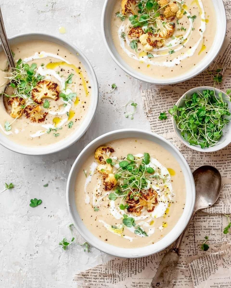 Three white bowls filled with creamy cauliflower soup are shown from above, placed on a white marbled texture with scattered green microgreens and black pepper. Each bowl has a smooth beige soup base with a swirl of white cream and a drizzle of golden oil on top. Roasted cauliflower florets are arranged along one side of each bowl, browned with a slightly crispy texture, and garnished with fresh green microgreens. Two bowls have a spoon resting inside, shiny and silver, and one bowl is placed on crumpled vintage-style paper with typed text. A small white bowl filled with microgreens sits to the right. photo taken with an iphone --ar 4:5 --v 7