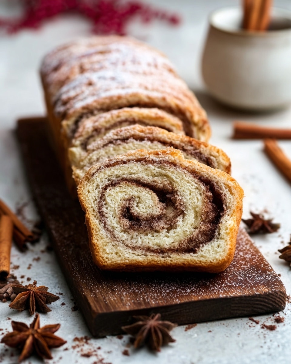 The image shows a loaf of cinnamon swirl bread cut in pieces on a rectangular dark wooden board. The bread has a soft, light brown crust with powdered sugar sprinkled on top, while inside, a dark brown cinnamon swirl forms the pattern in each slice. The texture looks fluffy and moist, with a clear spiral design running through the four visible slices. Around the bread on the white marbled surface are cinnamon sticks and star anise pods, adding to the cozy feel. In the background, a white woman’s hand is reaching toward a white cup with a cinnamon stick inside. Photo taken with an iphone --ar 4:5 --v 7