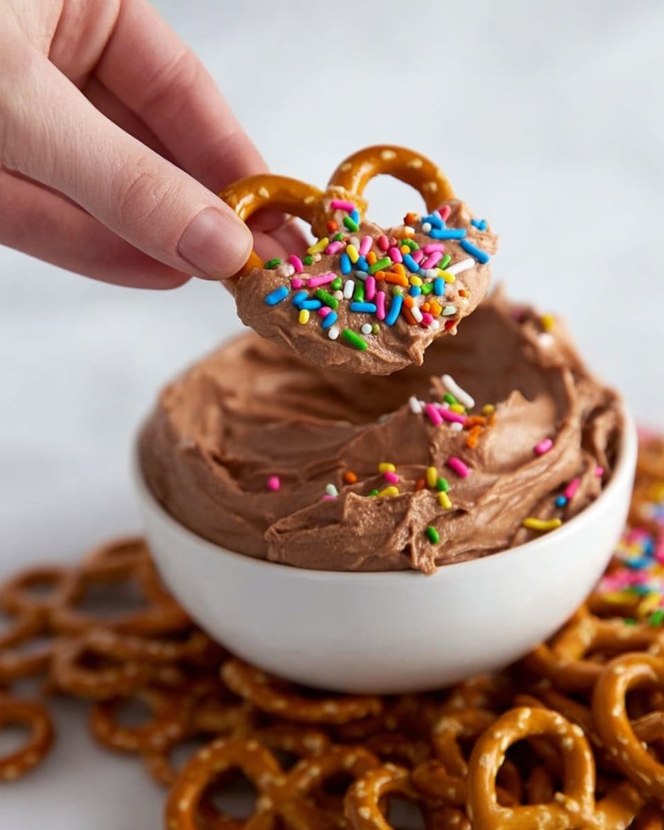 A white bowl filled with thick, creamy chocolate mousse topped with colorful rainbow sprinkles scattered unevenly across the surface. On one side of the mousse, a single salted pretzel is partially dipped in, standing upright. Surrounding the bowl on a white marbled surface are many more salted pretzels, adding a crunchy texture contrast to the smooth mousse. The mousse has rich swirls and peaks, showing its light and fluffy texture. Photo taken with an iphone --ar 4:5 --v 7