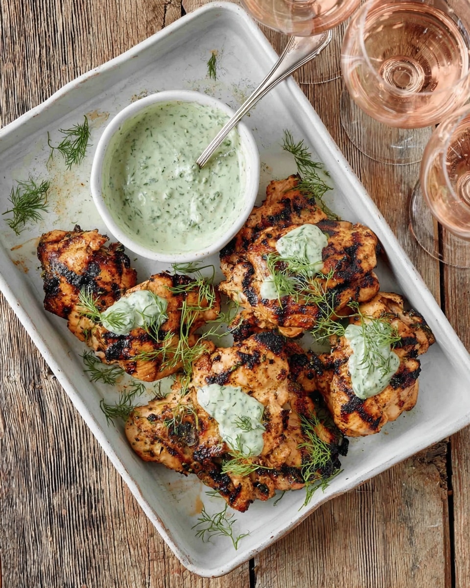 A white rectangular dish filled with several pieces of grilled chicken, each piece showing a caramelized brown color with darker char marks and a slightly rough texture from grilling. Some pieces are topped with thick, creamy, light green sauce that has visible herbs mixed inside. Fresh green herb sprigs are scattered around the chicken, adding a fresh touch and color contrast. At the back of the dish, a white bowl holds more of the same green sauce, slightly messy with some sauce dripping down the sides. The dish is set on a surface with a white marbled texture. photo taken with an iphone --ar 4:5 --v 7