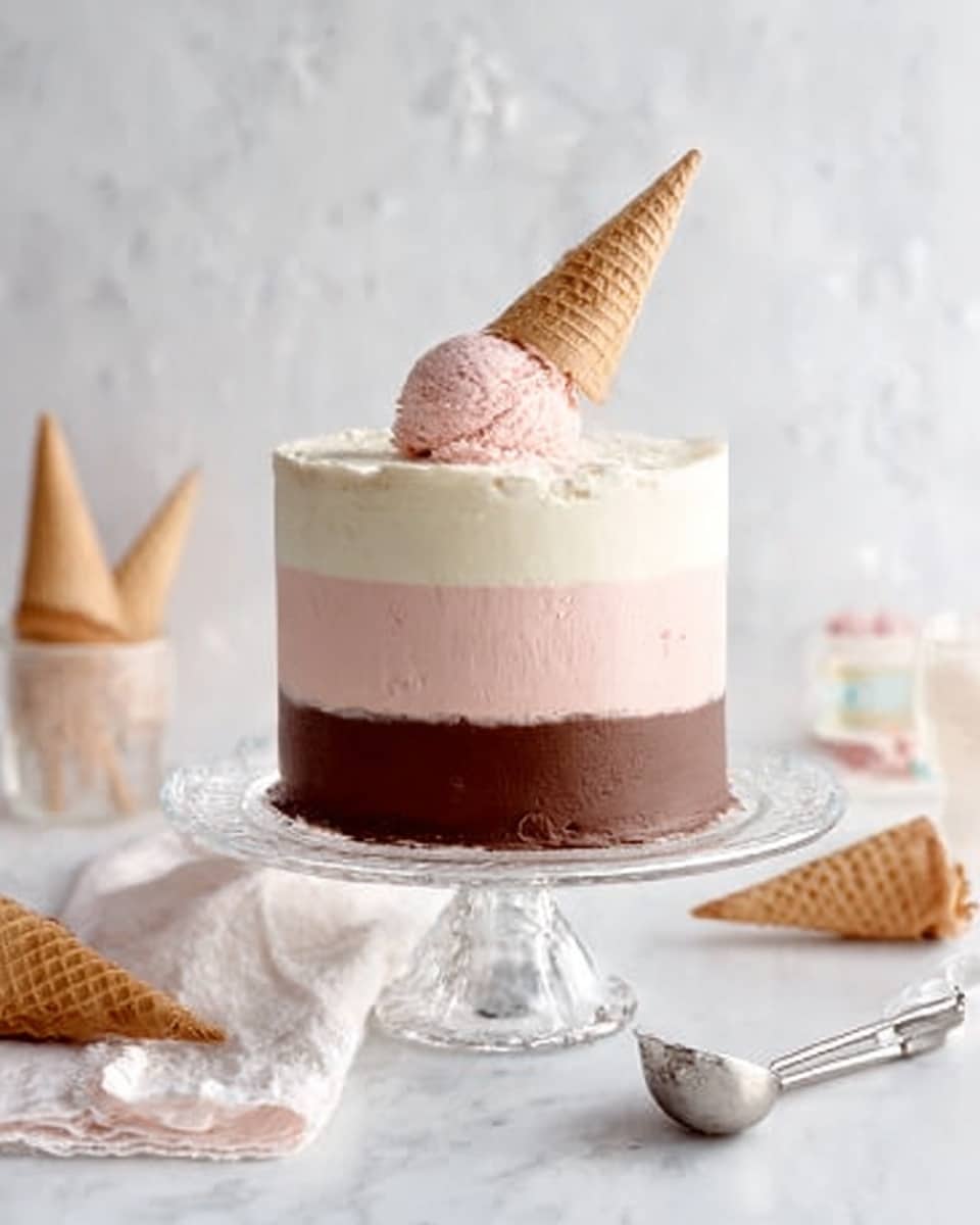 The image shows a tall, smooth three-layered cake on a clear glass stand, placed on a white marbled surface. The bottom layer is white and creamy, the middle layer is light pink, and the top layer is a rich chocolate brown with a smooth texture. On top, there is a pink ice cream scoop with a waffle cone standing upside down on it. Around the stand, there are a few empty waffle cones and a white cloth, with a silver ice cream scoop nearby. The background is softly blurred, still showing a white marbled texture. photo taken with an iphone --ar 4:5 --v 7