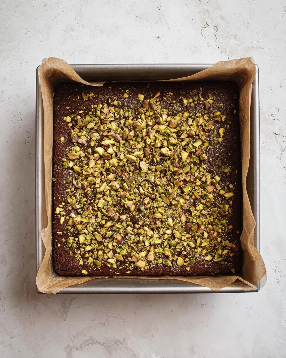 The image shows a close-up of a thick, square-shaped dark chocolate brownie with a rough texture. The brownie has two layers: a dense, fudgy dark brown base and a topping of chopped green pistachio nuts scattered unevenly across the surface, adding a crunchy texture and a mix of green and light brown colors. The brownie is held above a white marbled surface by a woman's hand, with more similar brownies blurred in the background. photo taken with an iphone --ar 4:5 --v 7