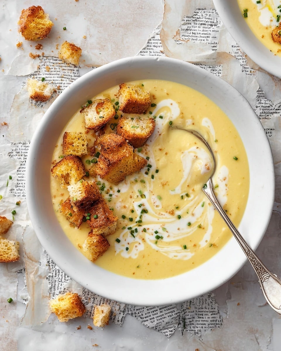 Three white bowls of creamy yellow soup are shown from above on a white marbled surface. Each bowl has a swirl of white cream mixed on one side and a pile of golden brown croutons sprinkled with black pepper and chopped green herbs arranged in the center. The texture of the soup looks smooth and thick. Around the bowls, there are crumpled pieces of paper with black illustrations and text, adding a rustic touch. Two silver spoons are placed casually beside two bowls. Some croutons are scattered on the surface, enhancing the casual setting. photo taken with an iphone --ar 4:5 --v 7