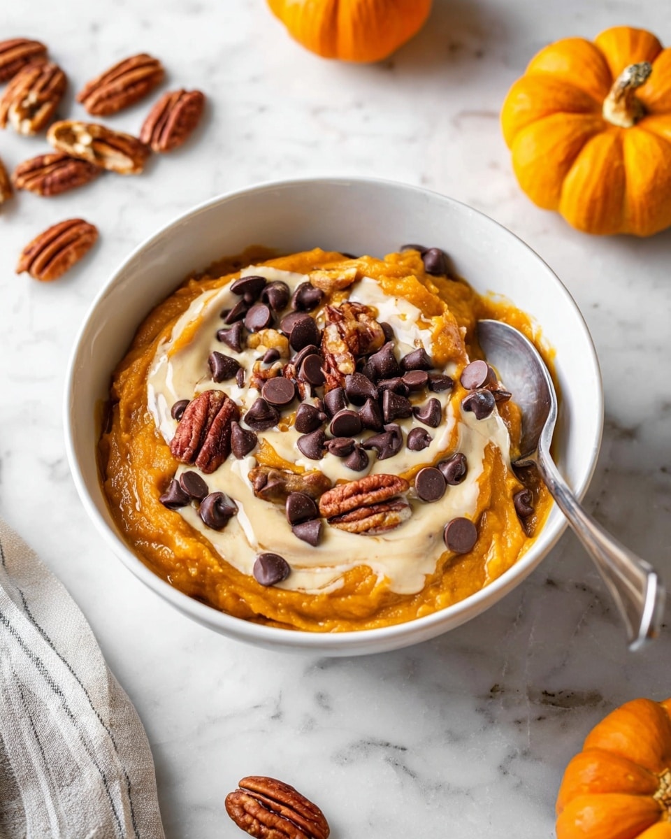 A white bowl filled with a thick orange pumpkin oatmeal base, topped with a swirl of creamy light beige sauce across the center, scattered dark brown chocolate chips, and several whole toasted pecans placed on top. The bowl sits on a white marbled surface surrounded by a few loose pecans and chocolate chips, a white pumpkin at the top right, an orange pumpkin at the bottom right, and a striped cloth near the bottom edge. Photo taken with an iphone --ar 4:5 --v 7
