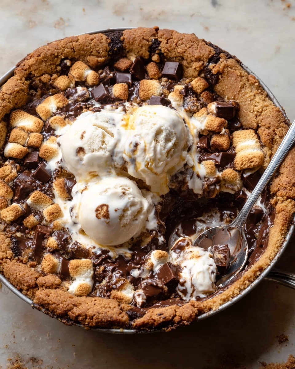 A large round dessert with a rough, golden-brown cookie crust forms the outer layer, studded with melted dark chocolate pieces scattered throughout. Inside, there's a soft melted dark chocolate layer mixed with gooey toasted marshmallows, creating a rich and sticky texture. In the center, three scoops of creamy white ice cream with vanilla speckles sit, slightly melting into the warm dessert. Two silver spoons are placed inside the dish, one near the edge and the other in the middle, partially digging into the dessert. The whole dish rests on a white marbled surface. photo taken with an iphone --ar 4:5 --v 7