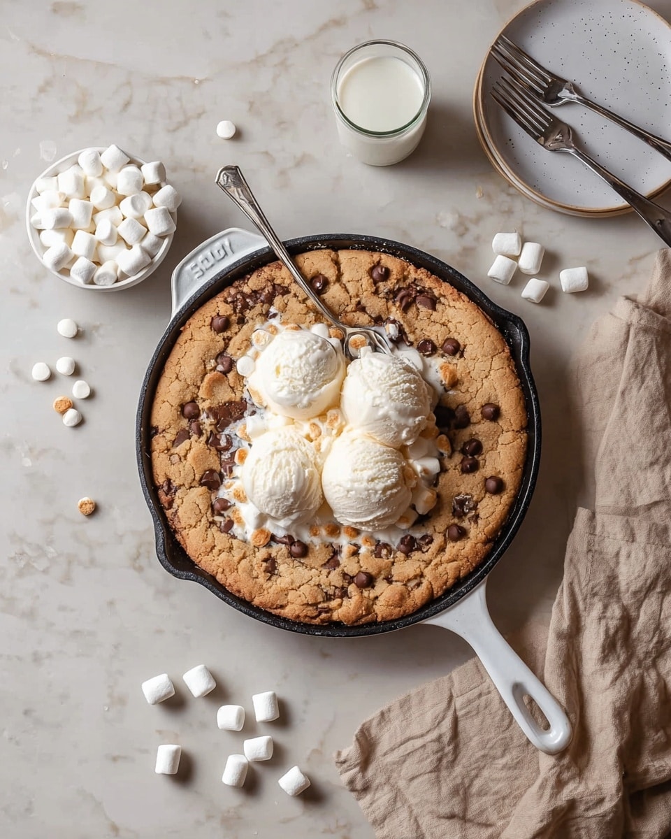 A round baked dessert in a black cast iron skillet with a white handle sits on a white marbled surface. The dessert has one main layer of golden brown cookie base with melted chocolate chips and small toasted marshmallows scattered throughout. On top of this base are three smooth scoops of creamy vanilla ice cream placed in the center. Two spoons rest inside the skillet, one on the top left and the other on the bottom right of the ice cream. Around the skillet are scattered white mini marshmallows and a small white bowl filled with more mini marshmallows. Nearby, there is a clear glass of milk and a white plate stacked with two silver forks. A crumpled light beige cloth is on the bottom right corner of the image. Photo taken with an iphone --ar 4:5 --v 7