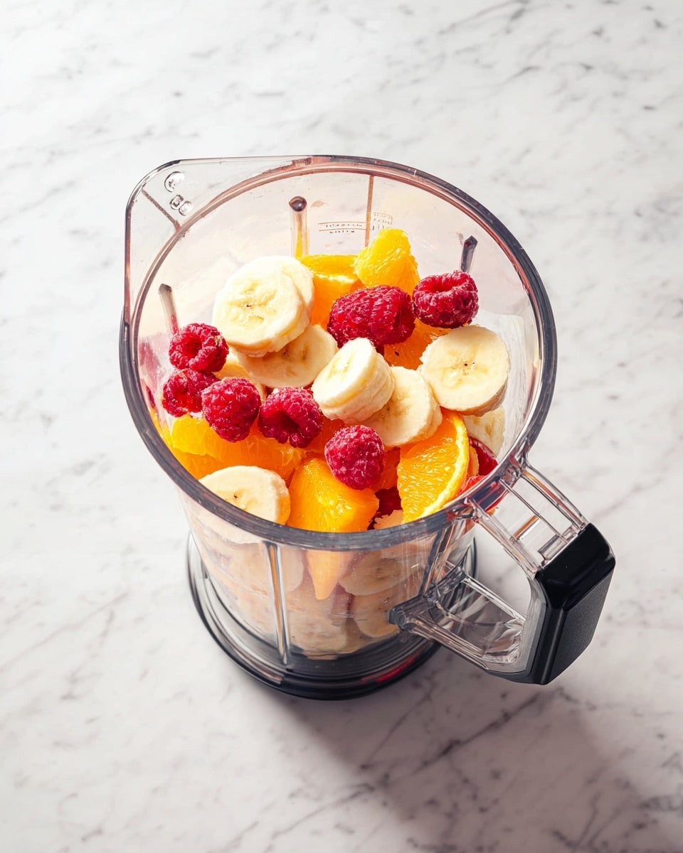 Two clear glasses filled with thick, pink smoothie are placed on a white marbled surface. Each glass has an orange and white striped straw poking out from the foam on top of the smoothie. To the right, there is a small white bowl full of bright red raspberries, with a few loose raspberries scattered around it. In the background, some slices of orange and a halved peach with green leaves are softly out of focus, adding a fresh and colorful touch. photo taken with an iphone --ar 4:5 --v 7